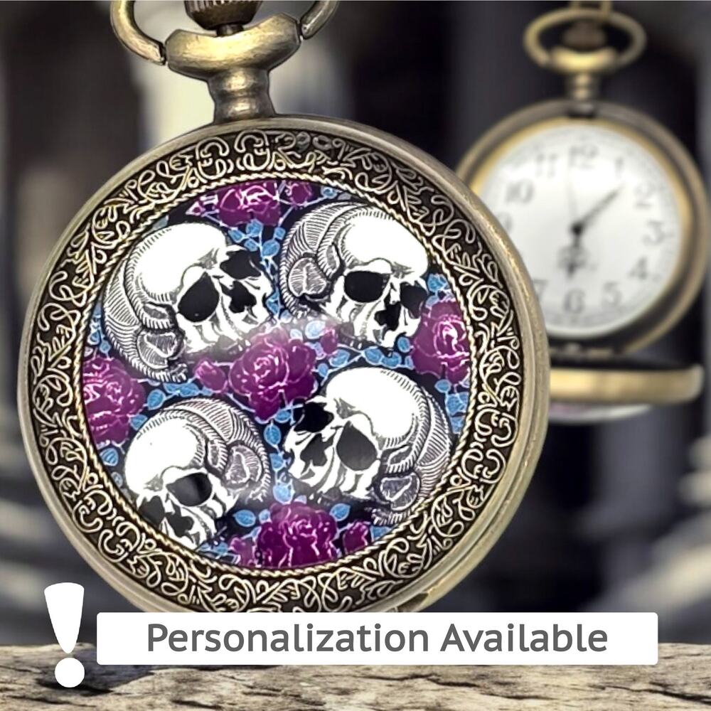 Skull & Roses Pocket Watch - Gothic Purple Floral Skeleton Charm Halloween Gift